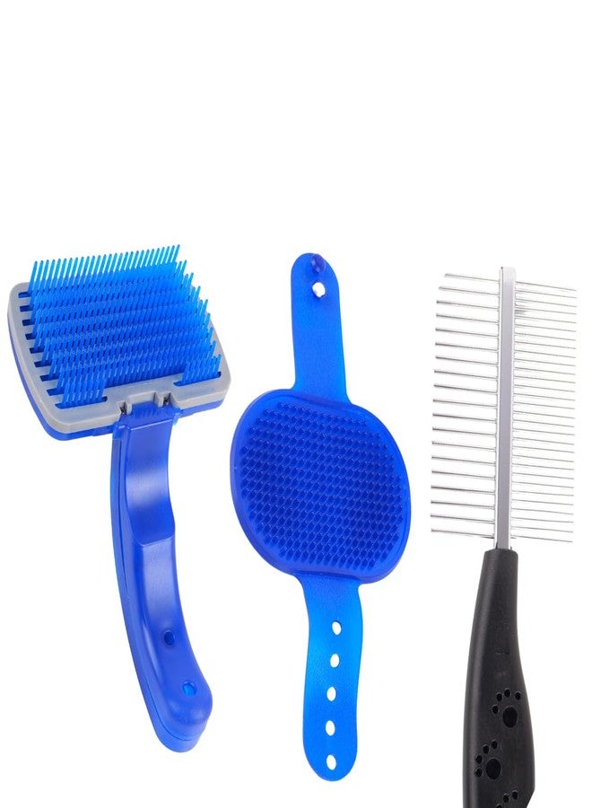 مجموعة فرش احترافية للعناية بالحيوانات الأليفة، بمقبض بلاستيكي أزرق، فرش تنظيف ذاتي للكلاب بشعيرات ناعمة، طقم عناية مكون من 3 قطع - Image 1